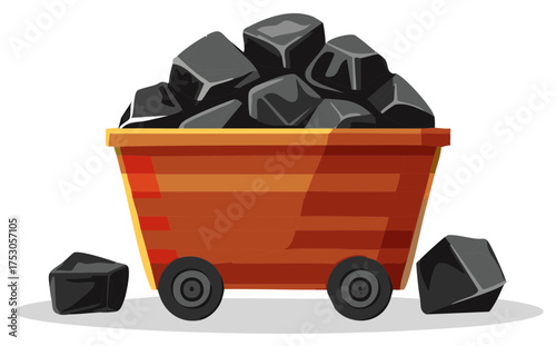 Cartoon mine cart loaded with black coal for extracting energy resource