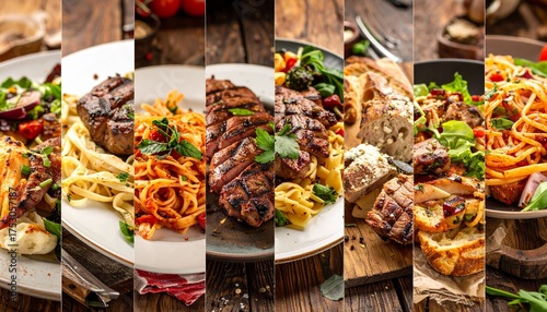 A hearty medley of grilled steak, creamy pasta, rustic bread, and fresh herbs, served on wooden boards for a warm, comforting, and rustic dining experience