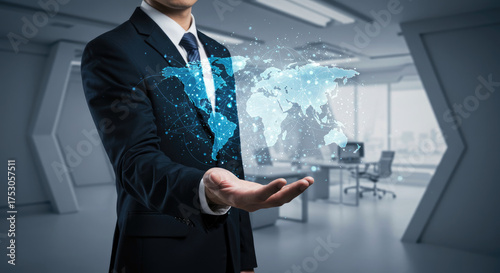 Businessman holding a digital world map in office environment with open palm up