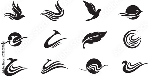 set of black and white birds or icon vector