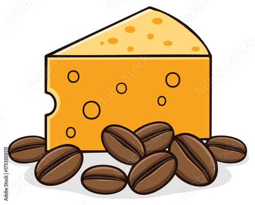 Unusual food pairing of a Swiss cheese wedge and roasted coffee beans vector illustration