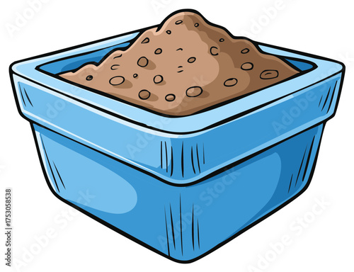 Illustration of a square blue plant pot filled with brown soil and small stones