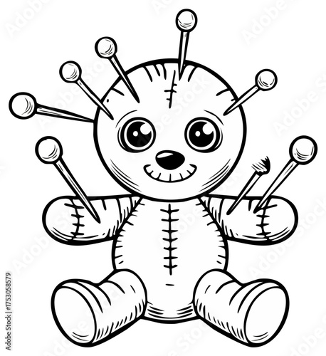 Cute black and white voodoo doll with pins in its head and arms