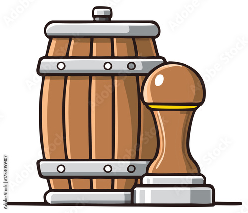 Classic Wooden Barrel and Traditional Grinding Pestle Vector Illustration