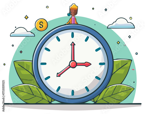 Cartoon Clock with Leaves and Coin with Operator on Top for Time Management