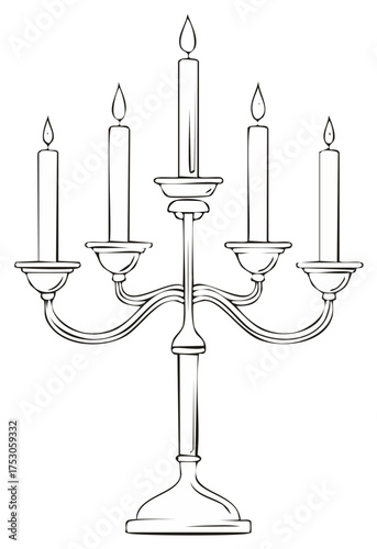 Elegant Classic Candelabra with Five Lit Candles Hand Drawn Line Art Illustration