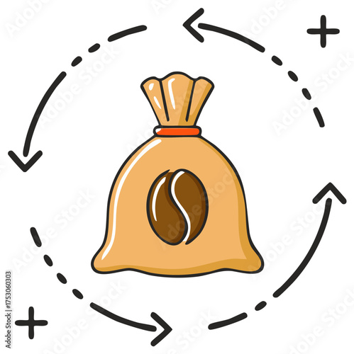 Coffee bean bag with circular arrows indicating process, delivery, or exchange