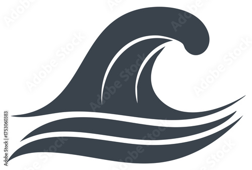 Stylized dark blue wave cresting and flowing with abstract water lines representing ocean movement