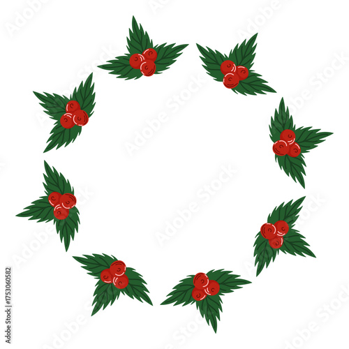 Circular wreath frame with green holly leaf and red berry arranged in circle on white background in flat style. Empty center space for text or design.