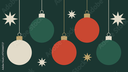 Festive christmas ornaments hanging with stars on a dark green background for holiday celebrations