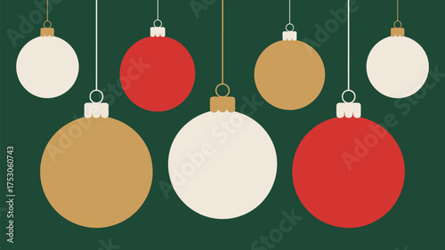 A festive christmas background with hanging ornaments in red gold and white on a dark green background