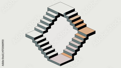 A visual paradox featuring an impossible staircase forming a continuous loop on a light gray background