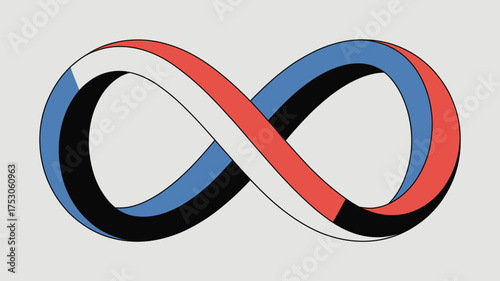 An infinity symbol with red white and blue colors on a light gray background with black shadowing effect