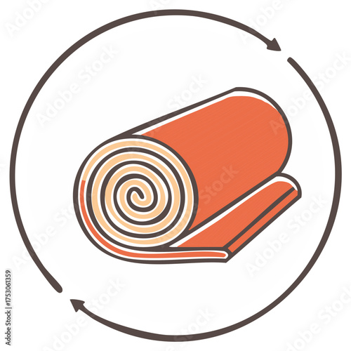 Rolled orange mat, circular motion, regeneration symbol, vector style, looping gesture, return concept, reuse imagery