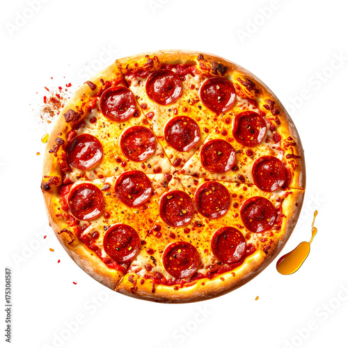  Hot Honey Pepperoni Pizza Whole Pie, Overhead View, Isolated on Transparent Background 
