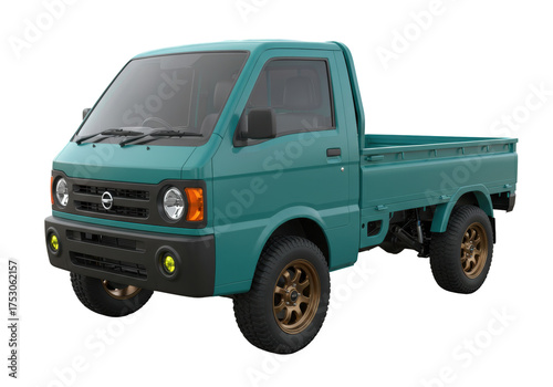Isolated teal-colored mini truck for farm or garden use, 4x4 with all-terrain tires upgrade