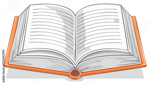 Open hardcover book with orange cover and blank lined pages vector illustration for education and reading