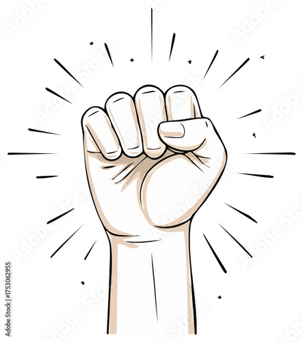 Illustrative Clenched Fist Symbol For Power, Protest, And Unity With Radiating Lines