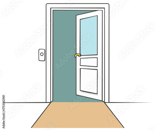 Open door with glass pane and doorknob leads into a room with a welcome mat