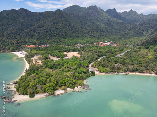 Aerial view on Pantai Kok beach with Skybridge in the distance on Langkawi island, Malaysia.