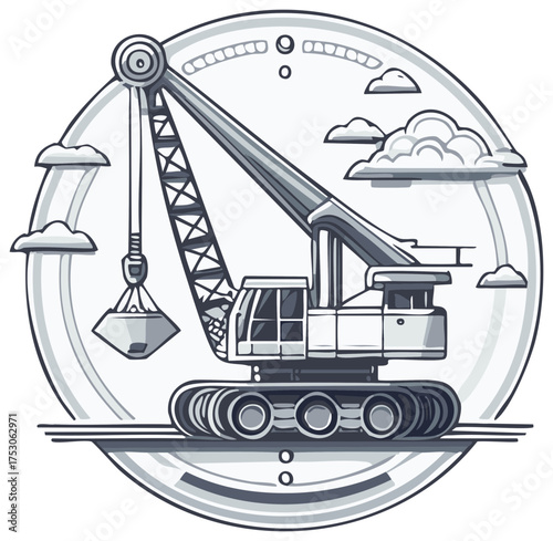 Monochrome illustration of a heavy crawler crane in a circular emblem