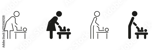 Parent Changing Baby Diaper Icon Set. Childcare, Parenting, And Infant Care Outline And Silhouette Symbol Collection. Baby Changing Station And Nursery Illustration. Isolated Vector Illustration