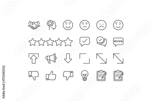 Feedback and review line icon set. Star rating, customer satisfaction emoticons, like and dislike. Business agreement handshake. Survey, opinion, and quality test symbols. UI elements.