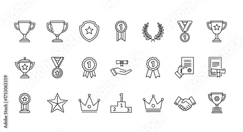 Achievement and Success Vector Icons Set with Trophies, Medals, Badges, Stars, Crowns, Certificates, Handshake, and Podium. Award and Victory Outline Symbols