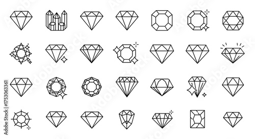 Diamond line icons vector set. Gemstone, crystal, jewel graphic elements. Various gem cuts and shapes. Brilliant, emerald cut. Sparkle, shine, glitter. Luxury, wealth, fashion concept.
