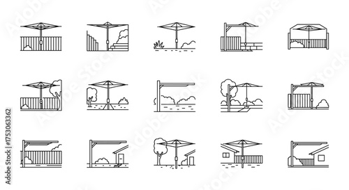 Patio umbrella and pergola line icon set. Outdoor terrace, garden, and backyard sunshade collection. Vector graphic of summer relaxation furniture and exterior design elements.