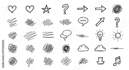 Hand drawn doodle sketch set. Vector illustration of tangled scribble, arrow, heart, star, question mark, speech bubble, light bulb idea, cloud. Brainstorming, creativity concept.