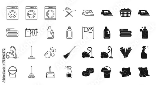 Cleaning and laundry icon set. Housework and chore symbols. Washing machine, vacuum cleaner, iron, broom, detergent. Vector line and glyph icons for web and mobile design.