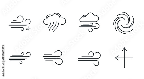 Wind icon set. Weather symbols collection. Windy, breeze, and air flow line icons. Blowing gust, storm, and hurricane pictogram. Meteorology forecast graphic elements. Climate signs.