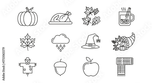 Autumn Fall icon set. Thanksgiving and Halloween thin line icons. Vector symbols of pumpkin, roast turkey, maple leaf, cornucopia, witch hat, scarecrow, apple, acorn.