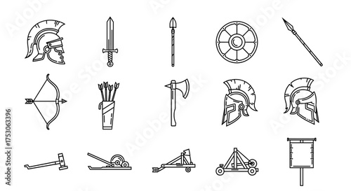 Ancient Rome and Greece weapons and armor icon set. Collection of roman legionary and spartan soldier equipment. Line art vector of helmet, sword, shield, catapult, bow.