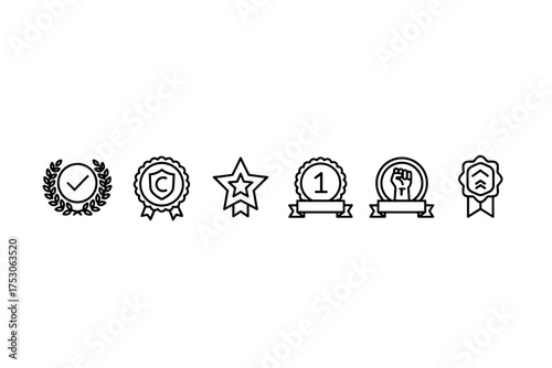 Award and achievement line icon set. Collection of vector badges, medals, and ribbons. Quality guarantee, winner certification, first place success and copyright symbols.