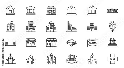 Building icon set thin line art style. Vector collection of urban architecture pictograms. Includes school, hotel, hospital, office, home, church, and casino symbols.
