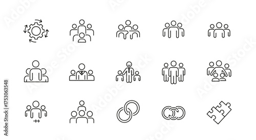 Teamwork and collaboration line icon set. Business concepts of group management, corporate partnership, and human resources. People, organization, process and puzzle icons.