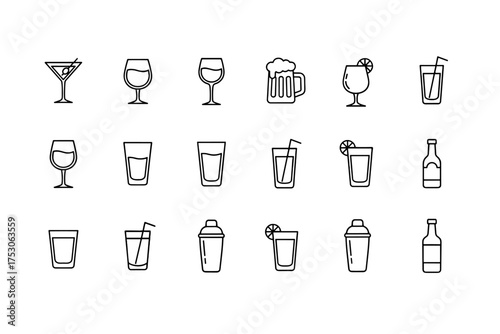Drink and beverage line icon set. Vector alcohol, cocktail, wine, beer glass, bottle, and shaker symbols. Minimalist outline illustration for bar menu, party, and restaurant.