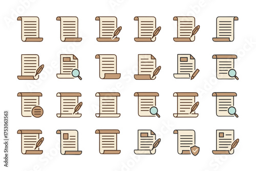 Document icon set. Paper scroll, parchment, contract vector symbols. History, law, agreement, treaty, research, certificate. Quill pen, magnifying glass, secure shield icon.