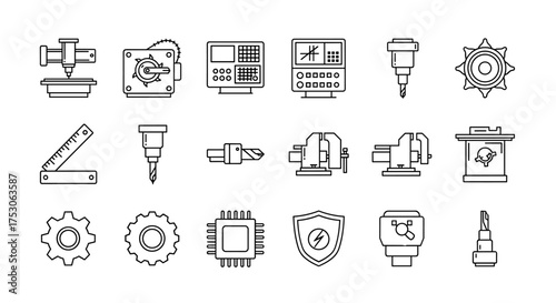 Industrial tools and machinery vector icons set. CNC machines, drill bits, gears, microchip, measuring tools, vices for manufacturing, engineering, assembly, and mechanical work concept