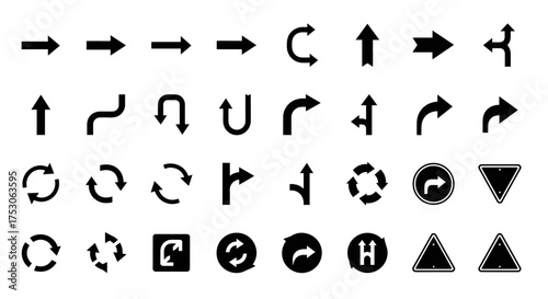 Vector arrow icon set. Collection of black direction signs and symbols. Navigation pointers for web and app. Straight, curved, circle, u-turn, refresh and reload arrows.
