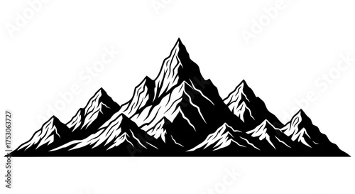 Vector Illustration of a Detailed Mountain Range with Peaks and Jagged Ridges on a White Background