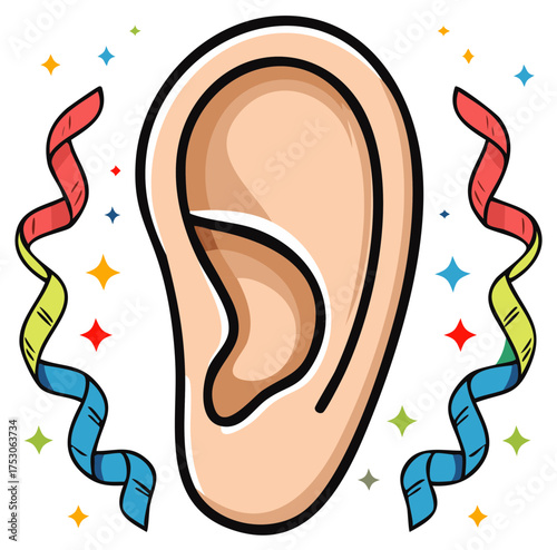 Playful cartoon human ear icon with vibrant party streamers and celebratory sparkles