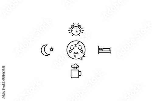 Sleep cycle concept illustration with moon, alarm clock, tired face, bed, and coffee cup icons for rest, insomnia, and morning routine digital vector
