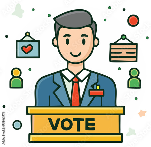 Smiling political candidate at a podium with a vote sign campaigning for an election