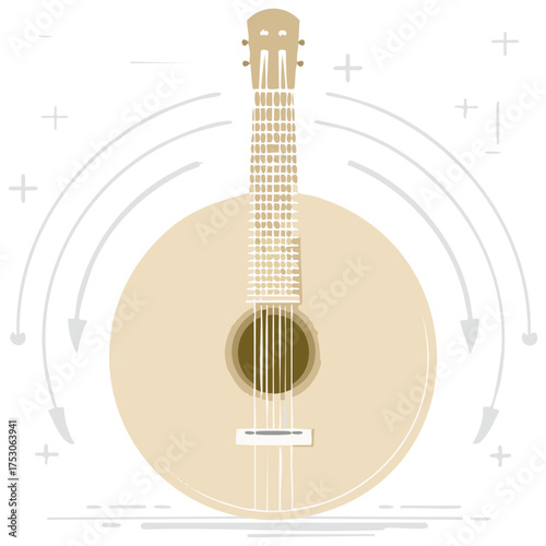Stylized Flat Design of a Classical Guitar Illustration with Sound Wave Arrows and Decorative Plus Signs and Dashes Accompanying it