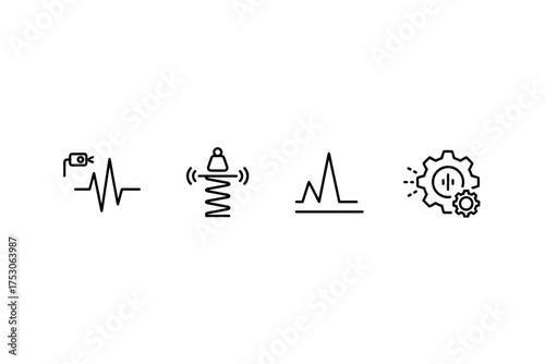 Vibration analysis, sensor measurement and data signal processing line icon set. Engineering mechanics, frequency, shock absorption, resonance, oscillation and seismic wave impulse.