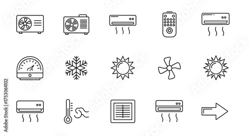 Air conditioning line icon set. HVAC, climate control symbols for web design. Heating, cooling, ventilation elements. Conditioner, fan, remote, thermometer, sun, snowflake.