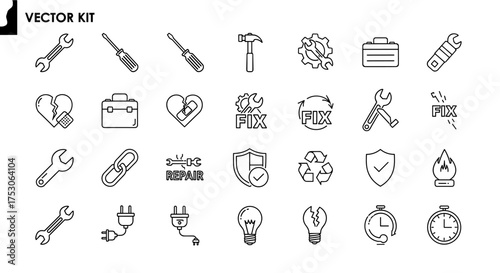 Fix and repair vector icon set. Thin line icons for technical service, maintenance, and support. Includes wrench, hammer, toolbox, broken heart, and recovery symbols.